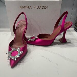 Amina Muaddi Begum Satin Ruby Pink Slingback Heels Size US 10/EU 40